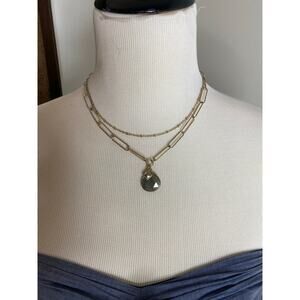 LOFT Gold Tone Layered Paperclip & Satellite Chain Necklace Faceted Grey Stone